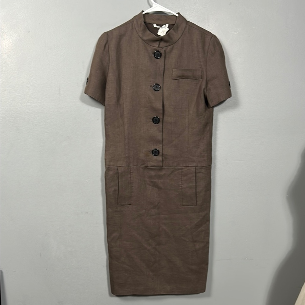 Vintage Light Brown Linen Suit Dress Short Sleeve Dress size 6 made in Italy